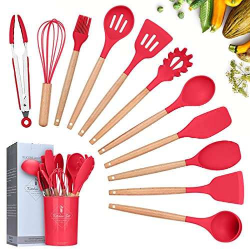 Silicone Cooking Utensils Kitchen Utensil Set, 12 Pieces Natural Wooden Handles Cooking Tool BPA Free Non Toxic Silicone Turner Tongs Spatula Spoon Kitchen Gadgets Utensil Set (Red)