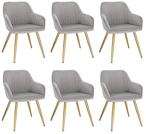 Lestarain Esszimmerstühle 6er Set, für Esszimmer Wohnzimmer Küche, Küchenstühle gepolstert mit Armlehne Metallbeinen, Sitzfläche aus Samt, Hellgrau