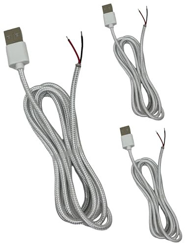 D&H Keller USB Kabel 2 Meter mit offenen Enden (3er Pack, Weiß) - Nylon-ummantelte zweipolige USB-Kabel für DIY-Projekte & als Ersatzkabel