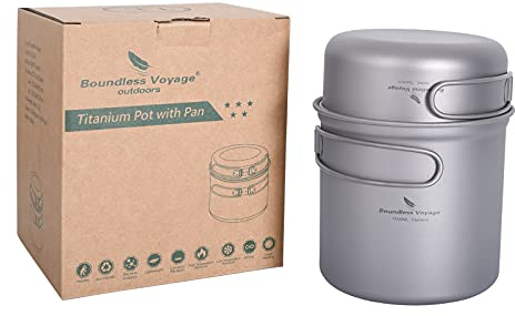 Boundless Voyage Titanium Pot Pan Cook Set with Folding Handle Outdoor Camping Picnic Hiking Mug Plate Tableware Mess Kit Ti2050C