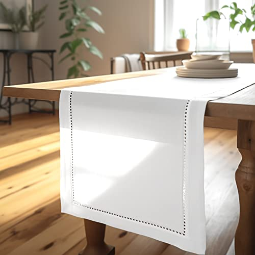 Encasa XO Tischläufer | Reine Baumwolle mit Hohlsaumdesign | Größe 32x150 cm | Weiss - Maschinenwaschbar