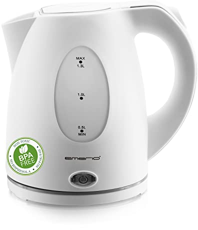 Emerio WK-106468.13 Kettle 1.3 Litre for Travel/Camping/Office with 2200 Watt, BPA-Free, Automatic Shut-Off with Dry Protection, 360° Base, Includes Limescale Filter, White
