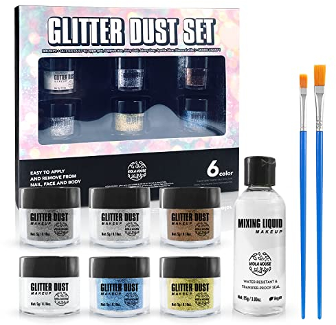 VIOLA HOUSE Polvere Glitterata, Trucco Natalizio di Halloween per Viso, Capelli, Occhi e Corpo. 6 Polveri Glitterate + 1 Liquido di Miscelazione + 2 Pennelli.