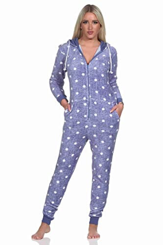 Normann Kuschelig Warmer Damen Jumpsuit Schlafanzug Overall aus Coralfleece in Tupfen Punkte Optik, Farbe:blau, Größe:48/50