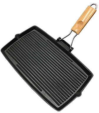 COTBY Cast Iron Rectangular Grill with Folding Handle, Non-Stick Induction-Safe Griddle Pan with Folding Handle, Black Frying Pan