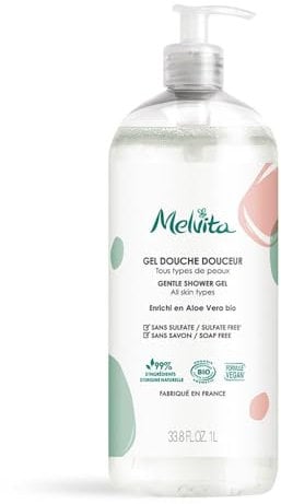 Melvita, Gel Douche Grand Format 1L, Nettoie en douceur sans assécher, 99% naturel, Certifié bio, Formule vegan, Convient à tous types de peaux, Idéal pour toute la famille