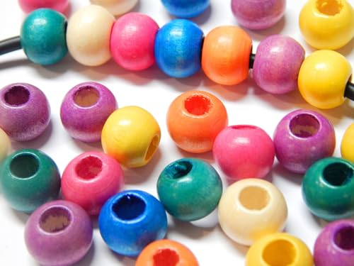 Perlin Cuentas de madera, 200 unidades, 8 mm x 7 mm, redondas, multicolor, mezcla de madera natural, agujero grande, para manualidades, fabricación de joyas