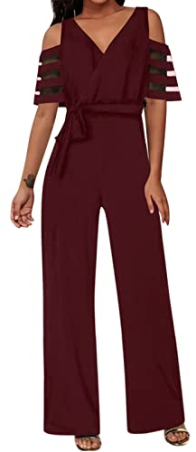 Jumpsuit Damen Elegant Festlich Jumpsuits FüR Damen Sommer V-Ausschnitt Glitzer-Pailletten-Strampler Kurzarm Lange Overall Elegant Business Hosenanzug Weites Bein Playsuit Romper FüR Hochzeit