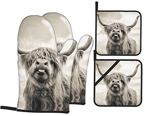 Lustiges Highland-Kuh-Ofenhandschuhe und Topflappen-Set: 4-teiliges Set für Küche, Kochen, Backen, Grillen, hitzebeständig, waschbar