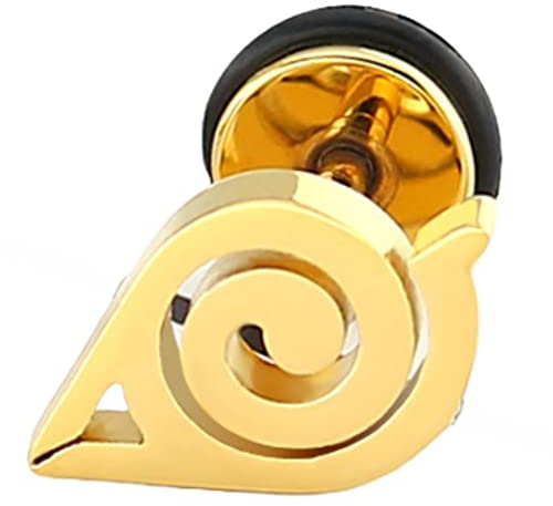 CHICNET Fake Plug Piercing örhängen rostfritt stål svart silver guld, skruvlock, 10 mm rund 6 mm, gummiring, Konoha Leaf Village Naruto Anime Manga Cosplay kvinnor män, Rostfritt stål