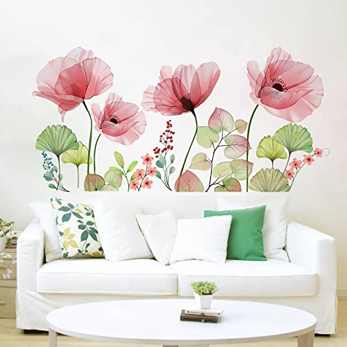 Runtoo Adesivi Murali Papaveri Rossi Adesivi da Parete Fiori Rosa Decorazioni Muro Soggiorno Cameretta Bimba Ragazza Bambini Camera da Letto