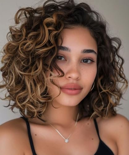 FASHION IDOL Kurz Tief Gewellt Spitzenfront Bob-Perücken für Frauen Echthaar Verworrene Lockige Perücke Seitenteil Schulterlange Perücke Vorgezupft Mit Babyhaar 150% Dichte