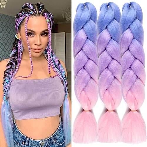 PORSMEER 24 Pouces Kanekalon Ombre Jumbo Cheveux Tressage Extensions,3 paquet de meches pour tresses africaine,Synthétique rajout cheveux tresses Bleu/Violet clair/Rose