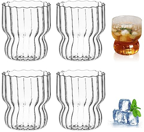 Udbrud Tasses à Latte Macchiato, Lot de 4 Tasses à Expresso de 260 ml Verres à Café en Verre Borosilicaté Transparent Tasses à Café en Verre à Rayures Verticales pour Latte, Thé, Glace, Lait, Bière