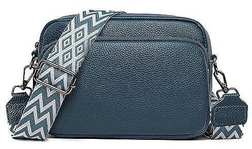 ABOUME Damen Crossbody Bag Breiter Gurt, Echtes Leder Umhängetasche Klein Schultertasche, Mode Crossbag Damen Handytasche Zum Umhängen mit 3 Reißverschlussfächern, Blau, 21x15x8cm