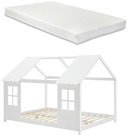 [en.casa] Lit Cabane avec Matelas à Mousse Froid Respirant Sommier à Lattes Lit Enfant en Forme Maison avec Fenêtres et Toit Bois de Pin Contreplaqué 140 x 200 cm Blanc