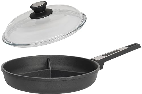 SKK 2-tlg. Gusspfanne Ø 28 cm 3-fach geteilt - ohne Induktion - beschichtete Pfanne ideal zum Braten dreierlei Speisen & Glasdeckel - Made in Germany