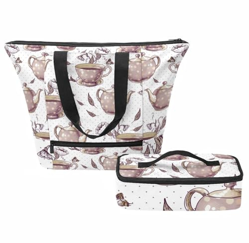 VAPOKF Tea Pots and Cups Flowers Handbags for Women, Tote Shoulder Bag with Insulated Lunch Bag Set, Top Handle Shoulder Handbags with Zipper