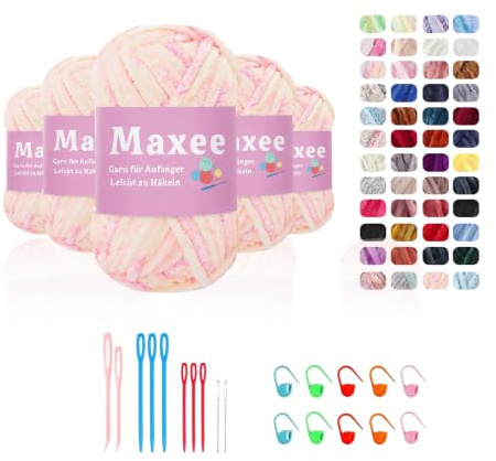 Maxee 500g(5×100g) Samtig Babywolle, Samt Chenille Garn mit Häkelwerkzeuge, Kuschelweich Velvet Chenillegarn Flauschige, Weich Plüschwolle Häkelgarn Wolle zum Stricken & Häkeln