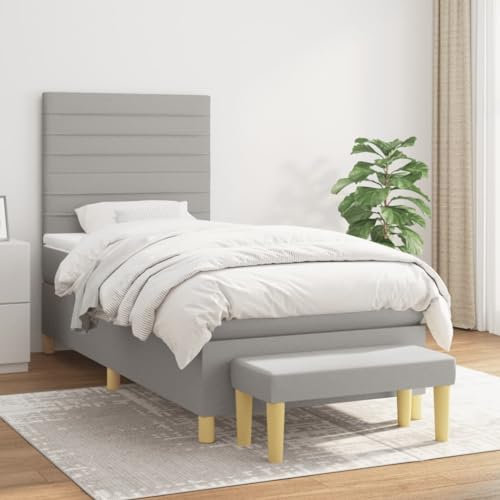 Festnight Boxspringbett 90x200 Einzelbett mit Matratze Bettbank Polsterbett Bettrahmen Stoff Bett mit Kopfteil Verstellbar Bettgestell mit Lattenroste Boxspringbetten Schlafzimmer Hellgrau