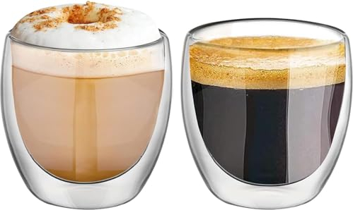 KAMEUN Double Walled Glass Mugs, 250ml Latte Glasses, Cappuccino Macchiato Cups Set of 2, Borosilicate Heat for Espresso Tea Bag Beverage Milk Juice Ice Cream (250ml)