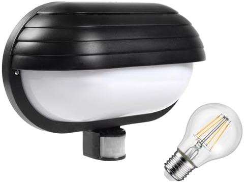 Maclean MCE33 Außen Wandleuchte mit LED Leuchtmittel, PIR Bewegungssensor 180° bis 9m und Dämmerungssensor, Garten Lampe Lampenfassung Lampenhalter E27 (Schwarz, Wandleuchte + 4W LED Leuchtmittel)