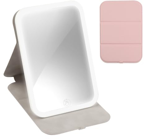 Schminkspiegel Kosmetikspiegel mit Beleuchtung Tragbarer LED Make up Spiegel 3 Farblichter Wiederaufladbarer Tischspiegel Beleuchteter Taschenspiegel Reisespiegel mit Licht Klappbar Klein (Rosa)