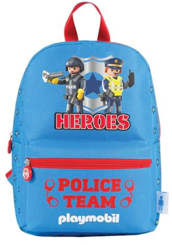 DOHE Schulrucksack für Kinder, 3 Taschen (1 für Laptop), klein, verstärkte Träger und Rücken, Playmobil Police Team, Schulmaterial - Blau, Playmobil Police Team, 24,5x33,5x10,5