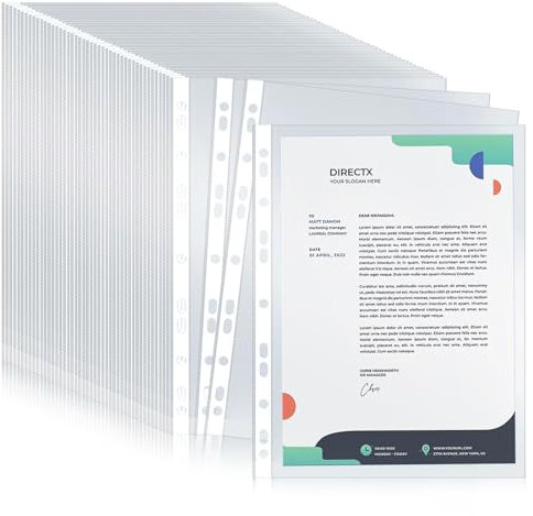 Punched Pockets A4, 100 Pcs Poly Pockets A4 Punched Pockets 60 micorn Binder Pouch Clear Binder Pocket Document Filing Bags Document Organiser Storage Pocket for Home & Offices
