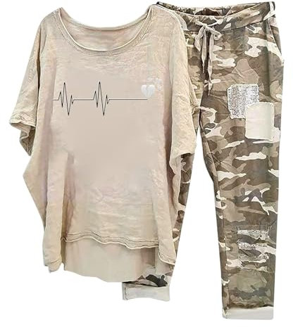 Tuta Lino Donna Estiva, Donna Tuta Estiva Moda da Spiaggia Completo Sportivo in Due Pezzi Lino Maglia a Manica Corta + Pantaloni Lunghi Abbigliamento Elegante Casual Completo Larghi Curvy Tuta da Casa