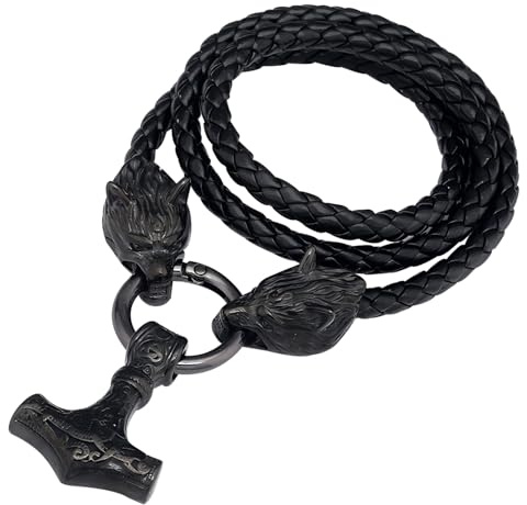 JHBTFQ Wikinger Herren Leder Halskette, 50/60/70/80cm Geflochtene Lederkette mit Edelstahl Odin Wolf Mjölnir Anhänger Nordischer Amulett Schmuck