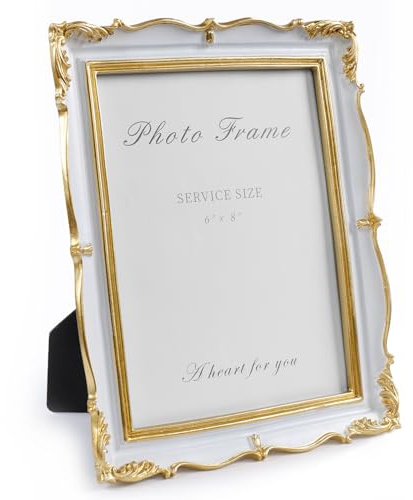 6x8 Picture Frame Vintage, Elegant White and Gold Photo Frame, 6 by 8 Antique Picture Frames Ornate Textured Hand-Crafted Resin with Glass Front for Tabletop Display, Retro Design Home or Office Decor