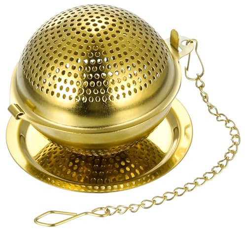 sourcing map 1 Pcs Tea Infuser Filter, Loose Tea Steeper, Stainless Steel Tea Strainer, Tea Ball with Chain and Drip Tray for Brew Loose Leaf Tea, Titanium