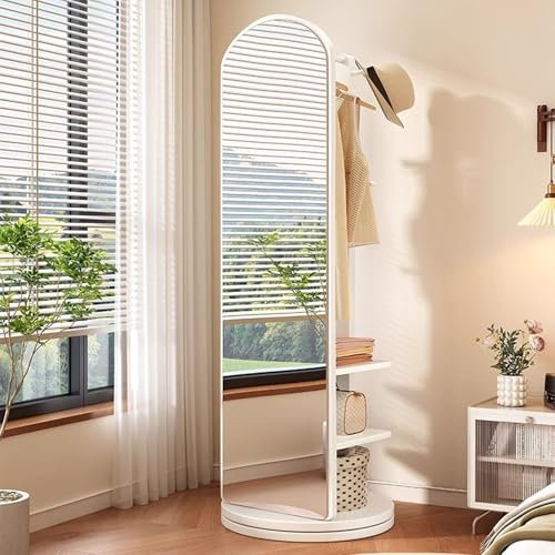360° Drehbarer Ganzkörperspiegel, 2-in-1-Bodenspiegel und Garderobenständer, Ganzkörperspiegel Aus Massivholz mit Garderobe, Für Wohnzimmer, Schlafzimmer, Garderobe