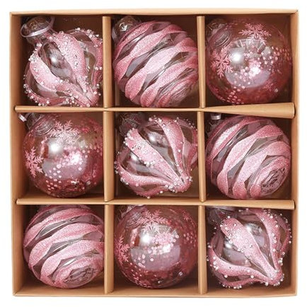 Christmas Baubles Set - 9 Pcs Shatterproof Ball Ornaments, Glitter Xmas Tree Hanging Decorations, Holiday Decor (Pink)