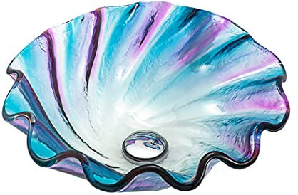 CLRAWSHB Bathroom Vessel Sink with Drain Combo, Countertop Bathroom Sink Bowl Tempered Glass Vanity Sink Bowl On the Top Flower Shape Vessel Bowl Sink, Without Faucet