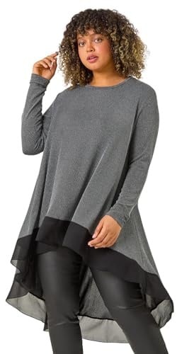 Roman Originals Chiffon Dipped Hem Top Asymmetric Tunic for Women UK Ladies Stretchy Jersey Flared Blouse Smart Fit & Flare Form Casual Loose Longline Party Hanky Tunics - Silver Plus - Size 20