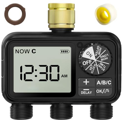 Xtsuen Ordenador de riego, Reloj de riego con retardo de Lluvia/Modo automático y Manual, IPX5 Resistente al Agua/Pantalla Grande Pantalla LCD Temporizador de Agua para jardín césped (3 Salidas 1T)