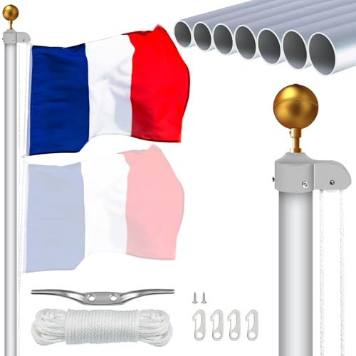 NQ Mât de Drapeau 6M, 5CM Diamètre Mât Lourd en Aluminium pour Drapeau, Mât de Drapeau Extérieur à Hauteur Réglable(Argenté, sans Drapeau Inclus)