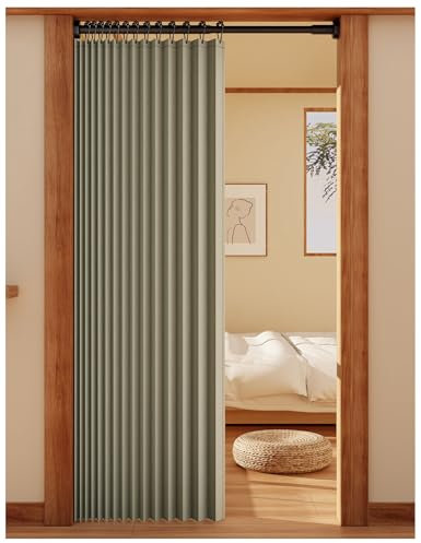 APMOE Türvorhang mit Teleskopstange, Ohne Bohren Türvorhang Kälteschutz, Raumteiler Vorhang Schallschutz Falttüren Innentüren(Grün,Rod 80-100cm/curtain 100x180cm)