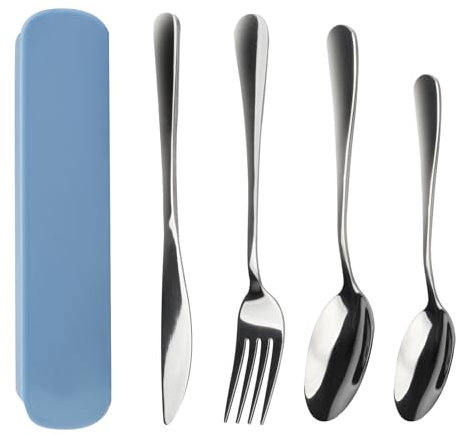 4 Pièces Couverts de Voyage avec Etui Portable Acier Inoxydable Couverts Transportables avec Couteau, Fourchette et 2 Cuillères Lavable au Lave-Vaisselle pour Pique-Nique, Voyage, École, Bureau