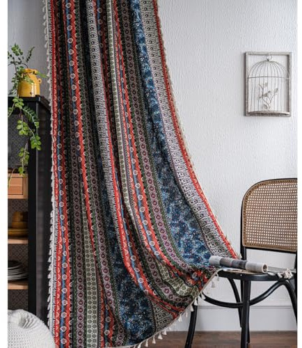 Tokusyou Leinenoptik Gardinen Boho Vintage Vorhänge Ethno Rustikal Baumwolle Bohemian Gestreift Rot Vorhang mit Quaste Rod Pocket für Wohnzimmer Küche 1er Set B150×H200cm