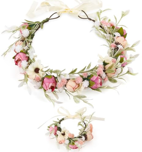 Ghope Blumenkranz Blume Krone Stirnband, Braut Haar Garland Haarreif Haarschmuck mit Armband Set, Haarkranz Rose Floral Haarband Blumen für Hochzeit Zeremonie Festival Party Strand