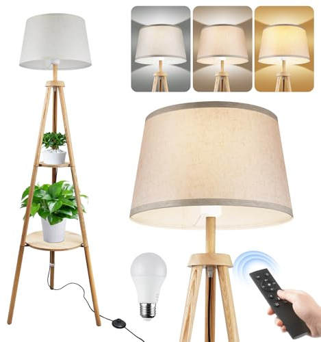 Glostravier Wood Tripod Floor Lamp for Living Room, Dimmable and Adjustable Color Temperature, Farmhouse Standing Lamp with Remote