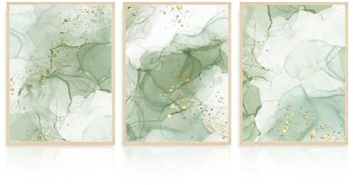 Dazzlewall 3Pcs Abstrakte Grüne Wandkunst, Vergoldete Salbei Grüne Tinte Splash Kunstwerk Druck Zuhause Wanddekoration für Wohnzimmer Schlafzimmer Badezimmer, 12x16 zoll Ungerahmt