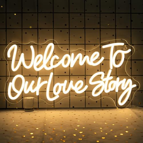 SIGNSHIP Welcome To Our Love Story Scritte Neon,Scritta Led Regolabile, Benvenuti alla Nostra Storia d'Amore Insegne Luminose,Scritte Luminose per Matrimonio,Proposta di Matrimonio,Anniversario,Feste