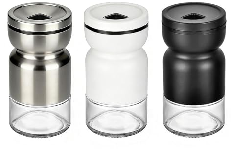 Rieoany 3-Teiliges Menage-Set, Salz und Pfefferstreuer aus Glas und Edelstahl, Salzstreuer mit Deckel und Verstellbarem Ausguss (Schwarz, Weiß, Silber)