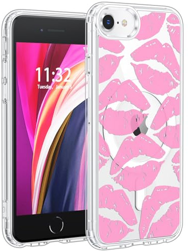 Jkvare for iPhone SE/8/7 Case, Crystal Clear Aesthetic Pattern Wireless Magnetic Protective Phone Cover for Women Girls - Pink Lips