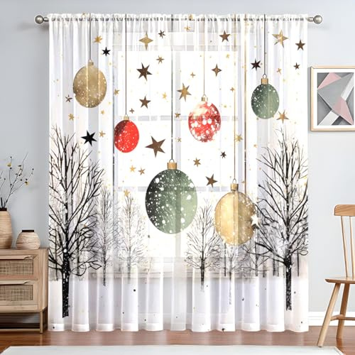 Lukery Vorhänge Wohnzimmer 2er Set 3D Weihnachten Scheibengardinen Lang Halbtransparent Gardinen Vorhänge Durchsichtig für Küche Fenster Wohnzimmer Landhaus (Gold,132x241cm)