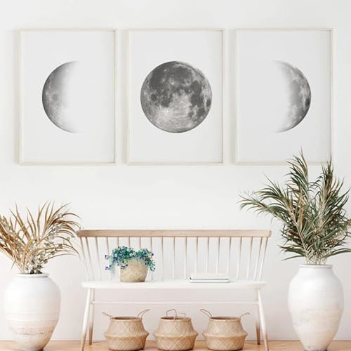 Xiyocadt 3er Poster Set, Moderne Premium Mond Kunstdruck Bilder, Der Mond in verschiedenen Phasen Modern Aesthetic Wandbilder, ohne Bilderrahmen (30x40)